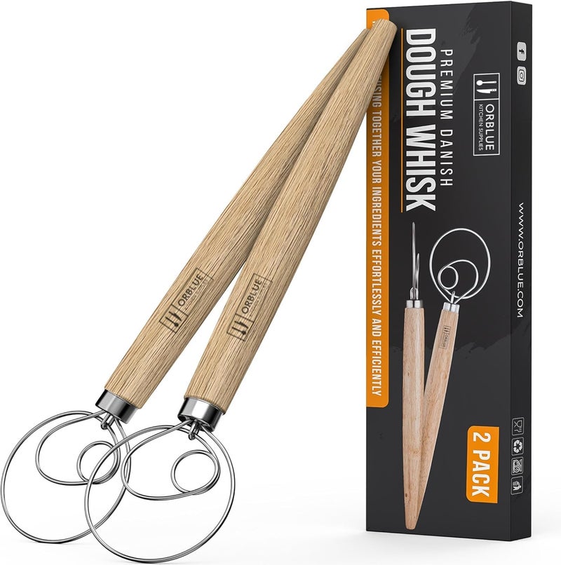 ORBLUE Premium Danish Dough Whisk - Dutch Whisk with Stainless Steel Ring - Danish Whisk for Bread, Pastry or Pizza Dough, 13-inch 2-PACK - Image 1